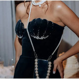 Black Rhinestone Shell Velvet Mini Dress- Outfit