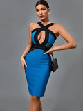 Dress 2022 New Women Blue Bandage Dress Elegant Sexy Hollow Out Halter Neck Evening Club Party Dress High Quality