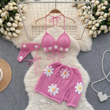 Zingj Vacation Wind Knitting Tie Belt Bikini Suit Female Summer Floret Design Sense Small Minority Milk Sweet Pure Desire Three-Piece