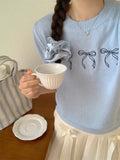 Bowknot Short Sleeve Round Neck Knit Top- Outfit