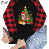 Christmas Tree Print Women T Shirt Contrast Buffalo Black and White Stitching Plaid Long Sleeves Tee Shirt
