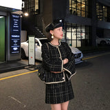 Autumn Elegant Black Plaid Woolen Tweed Jacket Coat + Mini Skirt Set Office Elegant Women Two Piece Set Outfits