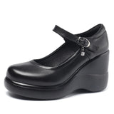 And Autumn Women's Shoes Thick Bottom Slope And Shallow Single Shoes High Heels Ladies Leather Shoes Magic Stick Round Head Loose Cake Middle-Naught Mother