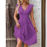 New Lotus Leaf Sleeve Elegant Thin V-Neck Women's Fashion Fashion Hollow Dress Dress