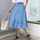 2020 Preppy Style Women Denim Mid-Calf Skirts High Waist Plus Size Faldas Larga Women Button Jean School Skirt