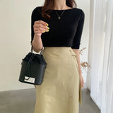 Knit T-Shirt Women Femme O-Neck Korean Style Office Lady Summer Top Basic