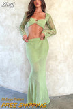 Women's Crochet Knit 2 Piece Skirt Set Hollow Out Crop Top Long Sleeve Backless Tie Up Club Bodycon Dress