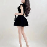 Ruffle Sleeve High Neck Velvet Black Mini Dress-Outfit