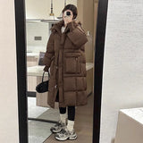 High-End Long Down Jacket Female 2024 Winter New Korean Version Fashion Thickened Large Pocket Over The Knee Warm Coat Large Size-Outfit