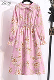 Women Casual Spring Autumn Dress Korean Style Vintage Floral Printed Shirt Dress Long Sleeve Elegant Bow Midi Summer
