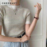 Korean Fashion Knit Ribbed Top Short Sleeve High Neck Crochet Knitted Blouse Summer Clothes For Women