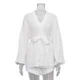 Zingj Wind 2023 Summer White Lace Design Top Casual Loose High-Waisted Shorts Two-Piece Set-Outfit