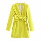 Women Elegant Solid Pink Blazer-Style Mini Dress Knotting Collar Long Sleeve Summer Office Lady Slimmed