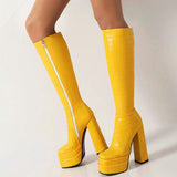 Fashion Women Knee High Boots Faux Leather Platform Chunky High Heel Punk Boots Square Toe Zipper Autumn Winter Lady