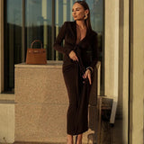 Pleated Tassel Long Sleeve Maxi Dress- Outfit