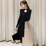 New Winter Elastic Knitted Dresses Women Color matching Lace-up Sweater Dress Fashion Slim Work Office