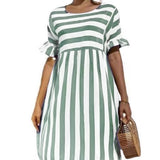 2021 Summer New Fashion O Neck Women's Dress Casual Loose Solid Short Sleeve Ruffle Patchwork Pocket Ladies Stripe