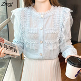 Pearl Blouse Women Spring Summer Elegant Design Ruffles Lace Shirt Female Korean Style Sweet O-Neck Long Puff Sleeve