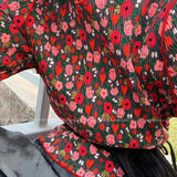 Women Retro Floral Ruched Korean Style Long Sleeve Basic Streetwear Ins Leisure Fashion Girls Vintage New Arrival