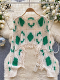 Fashion Tie-Dye Autumn Top Women O Neck Long Sleeves Tassel Hollow Out Loose Blouse Streetwear Beach Knitted