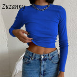 O Neck Long Sleeve Shirt Women Ribbed Sexy Cropped Tops Spring Black Casual Skinny Slim Basic Woman T Shirts