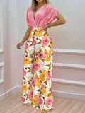 Casual High Waist Commute Bat Sleeve Jumpsuits Women V Neck Wide Leg Pant Playsuit Fashion Printed Pants Office