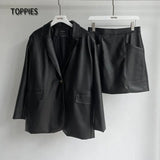 2021 New Women PU Jackets Fashion Female Streetwear Coat + Leather Skirt Office Lady A-line Short