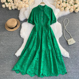 Zingj Version Dress Summer Lapel Hollowed-Out Embroidery Aging Bubble Sleeve Loose Medium And Long Bohemian Holiday