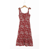 For Women Elegant Vintage Floral Dress Frill Sweetheart Neck Sleeveless Strap Tie Ruffle Hem Summer Beach