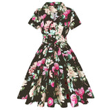Summer Cotton Vintage Midi Party Dress Short Sleeve 4XL Robe Femme Swing 1950s Retro Floral Print Green Rockabilly