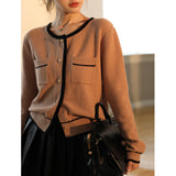 Knitted Cardigan for Women Autumn Winter 2022 Korean Slim Contrast Color Pockets O-Neck Female Single Breasted