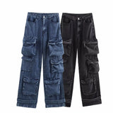 Women's Loose Jeans 2025 Spring French Retro Casual Multi-Pocket High-Waisted