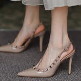 Rivet Fine Heel Shoes Spring / Summer 2025 Net Red Pointed Patent Leather Nude Sandals Female Temperament After Empty Fine Heel
