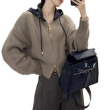 Zingj Goods Autumn Winter Contracted Design Sense Hooded Double Zipper Lazy Wind Knit Sweater Cardigan Coat Female