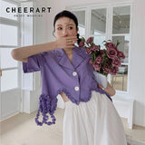 Purple Desinger Shirt Summer Blouse Short Sleeve Top Cropped Button Up Shirt Luxury Designer Clothing Women