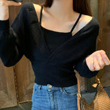 Vintage Fake Two-piece T-shirt Long Sleeve Halter Black Tops Knit Slim Sweater Tops Women Autumn Sexy Female Tee