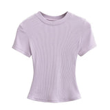 Zingj Trend Women's Wear Thread Slim Short-Sleeved T-Shirt Sexy Round Collar Solid Color Shoulder Show Thin Short Navel