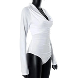 White V-Neck Draped Long Sleeve Bodysuit- Outfit