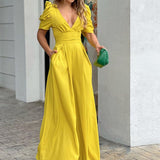 New Women Jumpsuit Puff Short Sleeve V Neck Backless Nipped Waist Loose Wide Legs Casual Pants Romper High