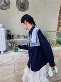 Preppy Style 2022 Sailor Collar Dark Blue Collared Shirt For Women Button Up Floral Patch Blouse Korean Fashion