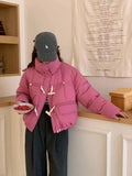 Sweet Wood Button Short Down Jacket Female 2024 Winter New Stand Collar Small Warm White Duck Down Bread Coat-Outfit