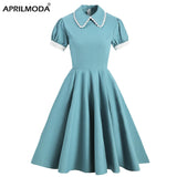 Solid Blue Vintage Swing Dress With Pocket Women Summer Retro 40s 50s 60s Pinup Rockabilly Party Dress Vestido Robe