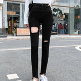 Pants Women Denim Holes Leggings Black Skinny Jean Trousers Autumn New High Waist Casual Elastic Slim Jeans Pencil