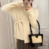 Zingj Version Of Irregular Inclined Buckle Ribbon Knit Cardigan Niche Design Sense Fashion Temperament Sweater Female Daily Commuting