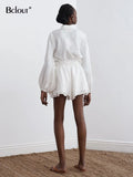 Linen Ruffle Shorts Sets 2 Pieces Women Sexy Lantern Sleeve White Tops Summer Elastic Waist Shorts Woman Suit