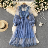 Zingj Industry Three-Dimensional Flower Net Gauze Temperament Standing Collar Lantern Sleeves High Waist Show Thin Sling Two Set Fairy