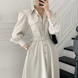 Autumn Women New Fashion Female Puff Sleeve Vintage Solid Midi Shirt Dress Casual Single Breasted Waistband Chic