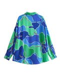 2023 Print Satin Shirt Woman Blue Button Up Shirt Women Vintage Long Sleeve Shirts And Blouses Women Casual Loose