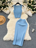 2024 Retro Knitted Two Pieces Sets Sleeveless Short Top+High Waist Slim Long Skirts Female Summer Hotsweet