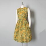 Chic Vintage Casual Party Dresses Women 50s 60s Floral Print Button Waist Pleated Swing Pinup Sleeveless Rockabilly